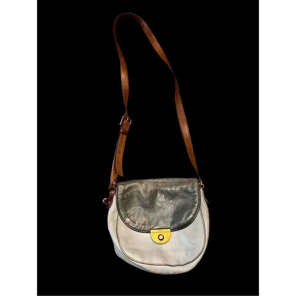 Authentic Fossil Pebbled Leather EMI Leather Saddle Bag Brown Multi